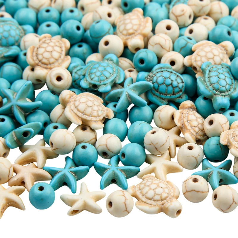 ANCADN 210pcs Turquoise Beads Sea Turtle Beads Floral White Turtle Charms Synthetic Turquoise Beads Starfish Beads for Jewelry Craft Making(bluewhite) - Image 1